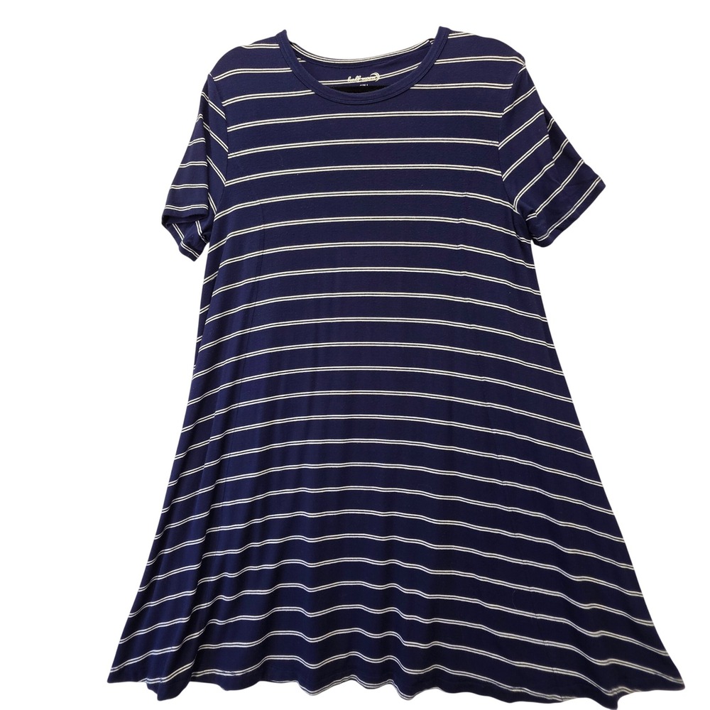 Half Moon Modern Movement Navy Blue White Striped Modal Swing T-Shirt Dress L
